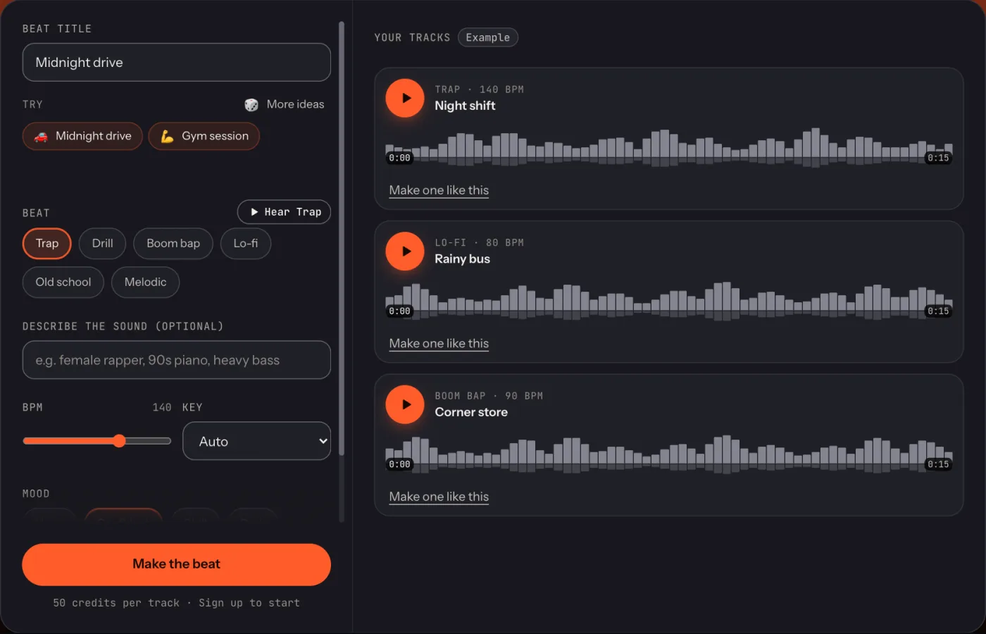 The Rap Beat Generator with style choices and example instrumentals