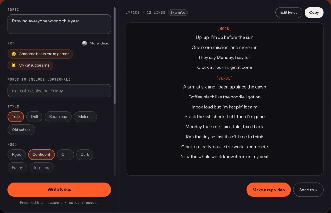 The Rap Lyrics Generator with a topic, style and mood on the left and finished lyrics on the right