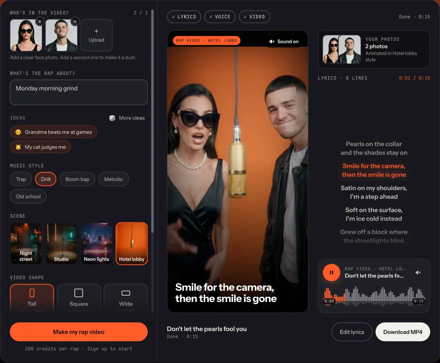 The rap video generator with photos, topic and scene picks on the left and the finished video with lyrics on the right