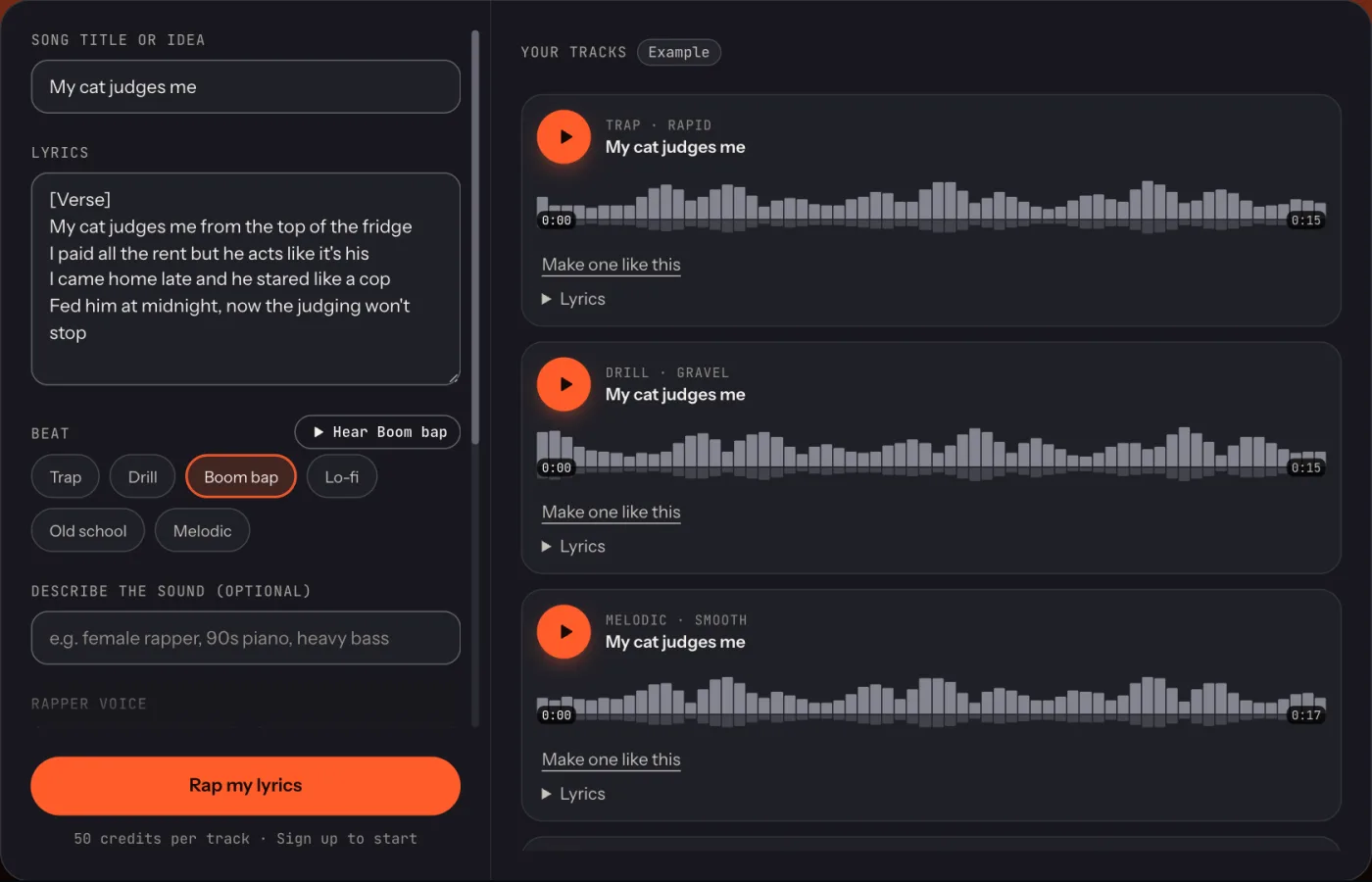 The AI Rapper Voice generator with lyrics pasted in and example takes in different voices